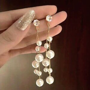 Pearl Earrings Drop Dangle Tassel Classy Rhinestones Statement Trendy Bold Glam